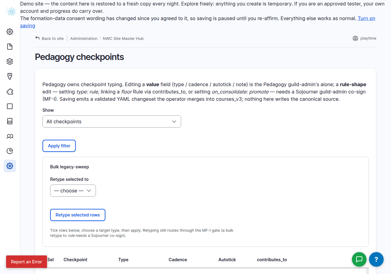 The Pedagogy checkpoints editor: one row per checkpoint, its type, cadence and what it contributes to.