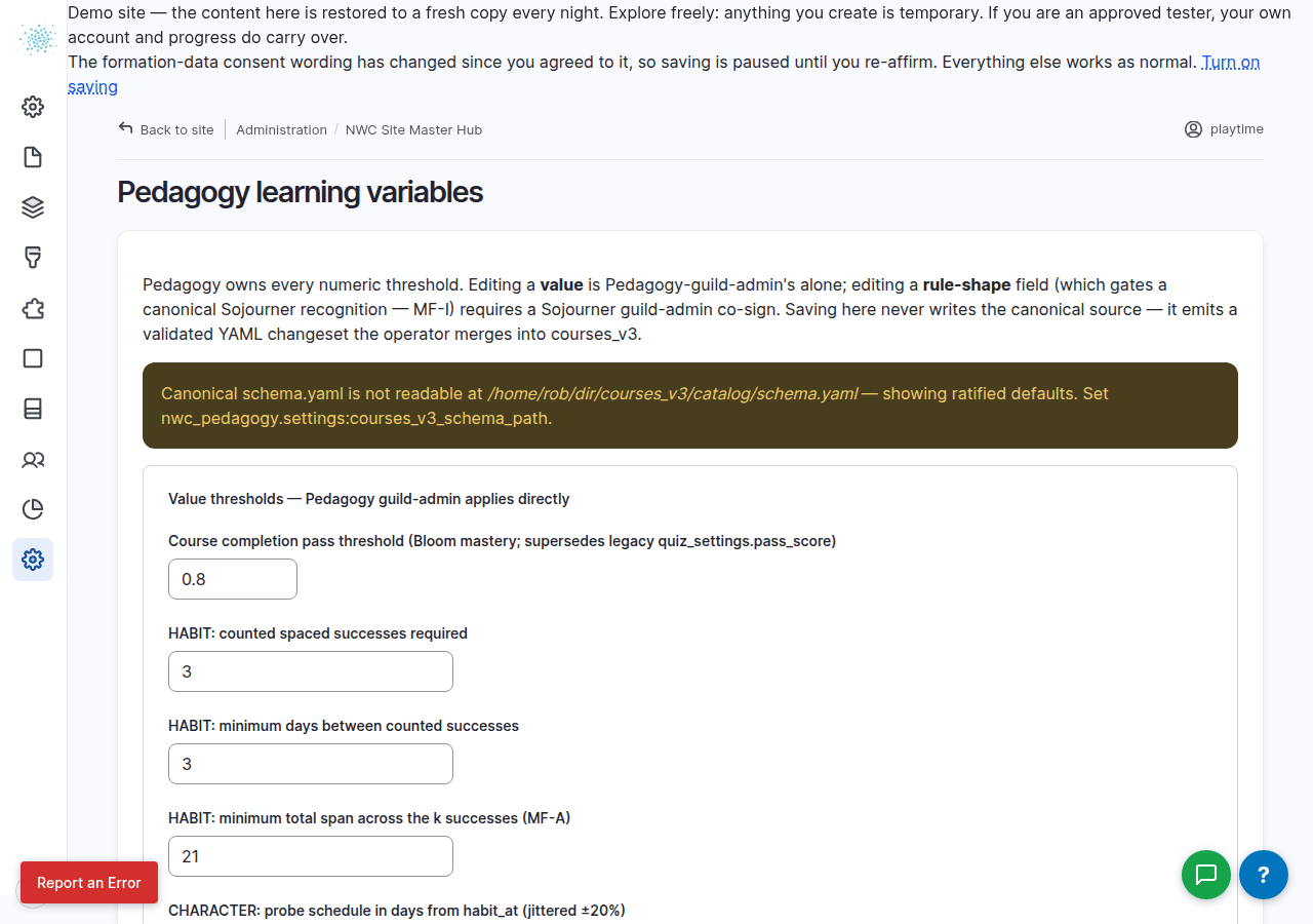 The learning-variables (thresholds) editor the pacing reads from.